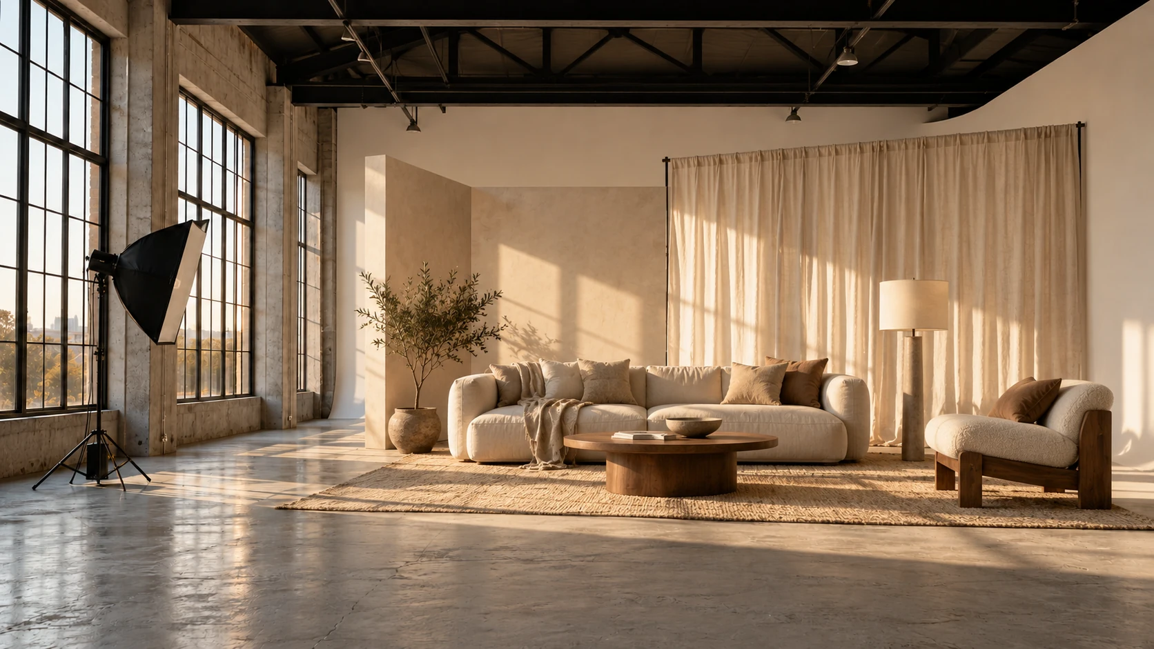 The studio imagined as a warm living room set